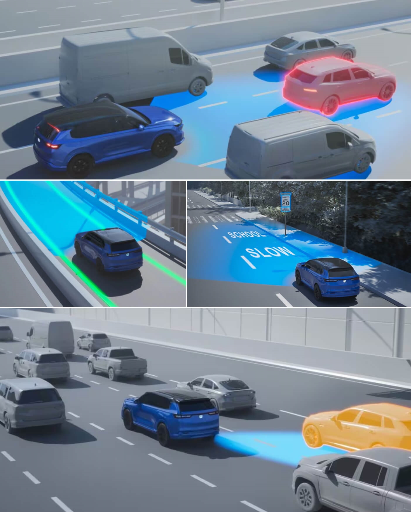 Collage of digital illustrations of Honda CR-V safety features.