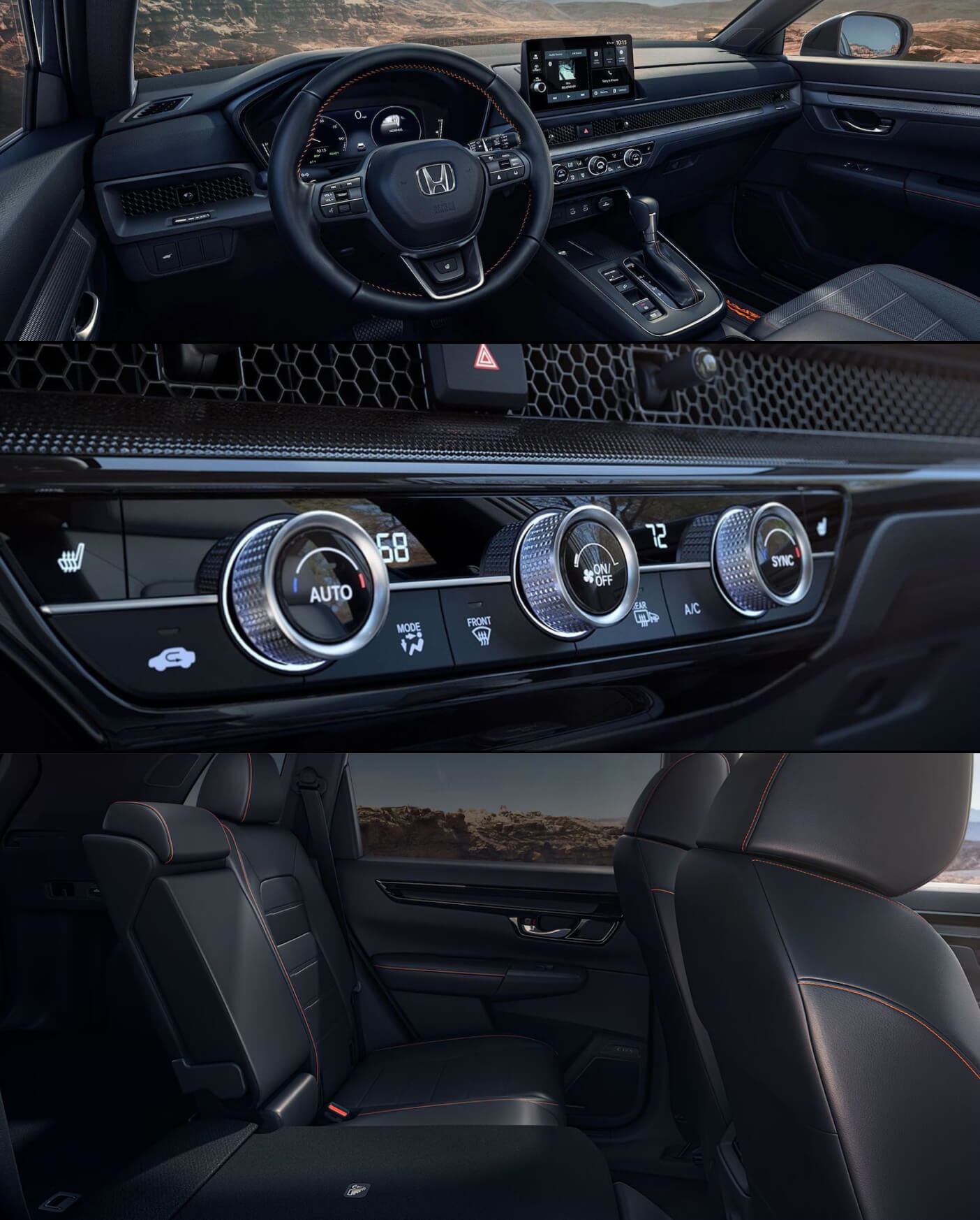 Honda CR-V interior views of leather wrapped steering wheel, climate control panel and spacious passenger area.