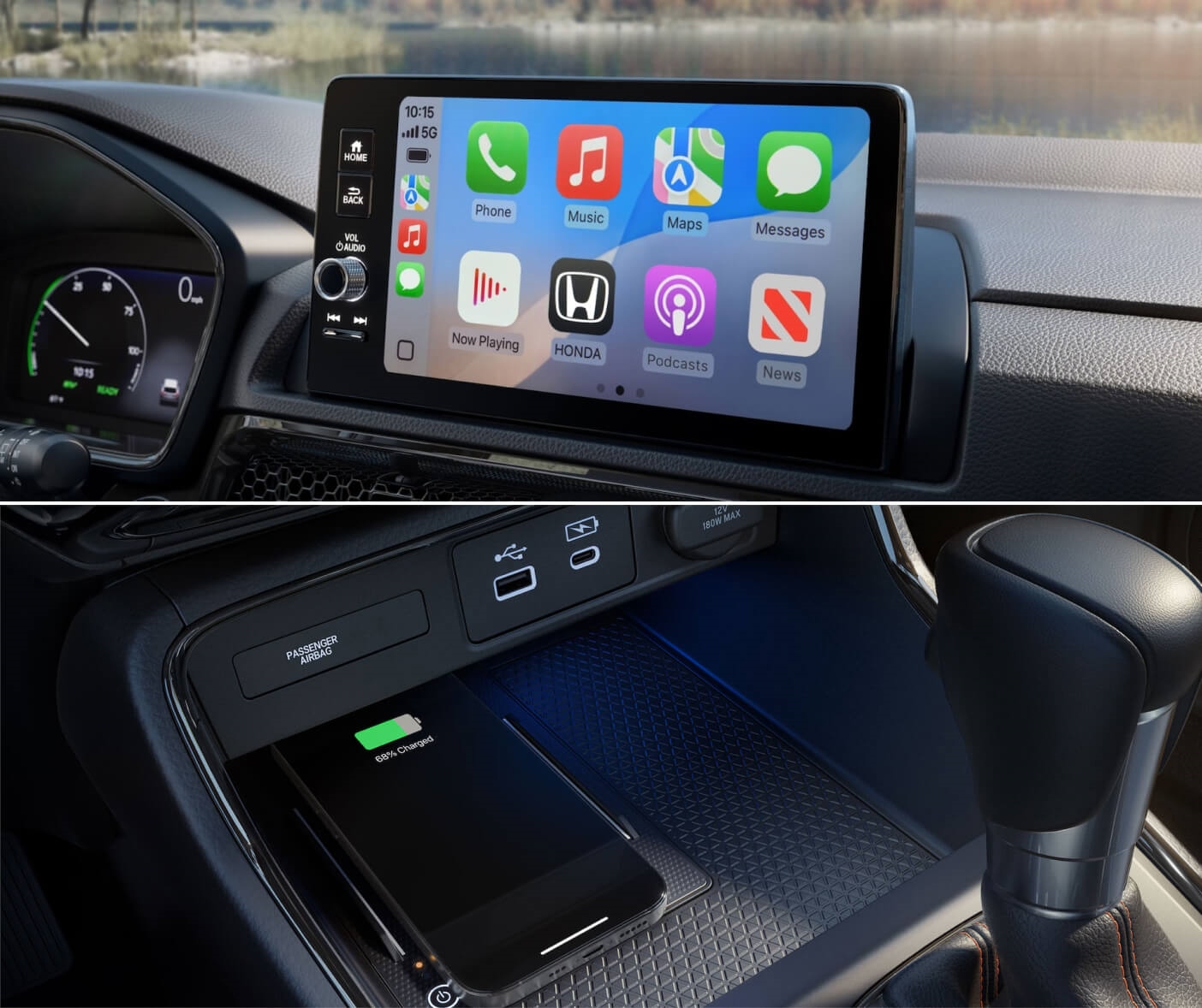 A collage of Honda CR-V standard features including touchscreen and wireless charging.