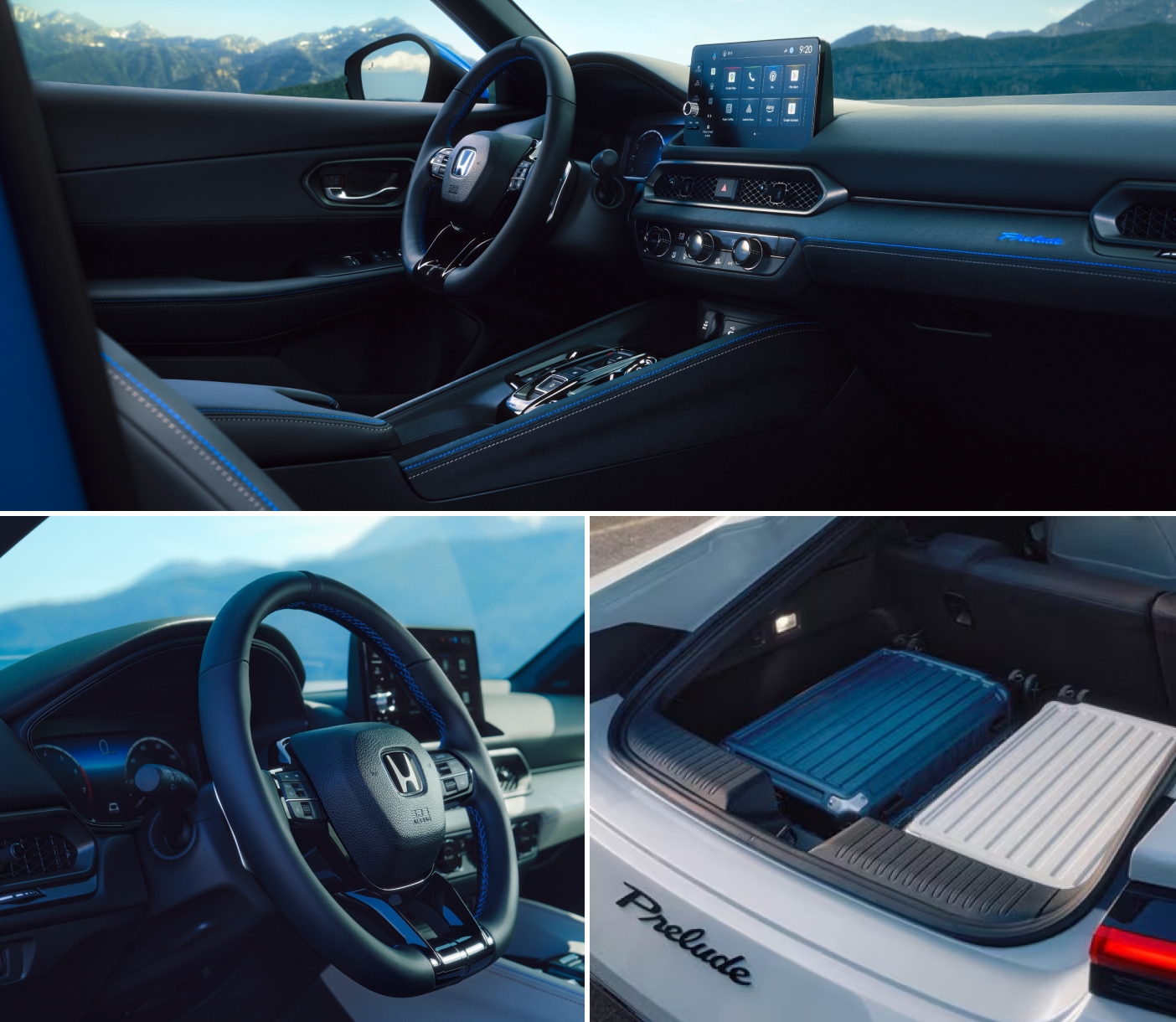 Interior of a 2026 Honda Prelude showcases a sleek dashboard with a touchscreen.