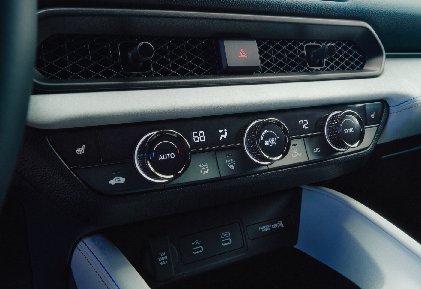Close-up of a 2026 Honda Prelude climate control panel and other settings.