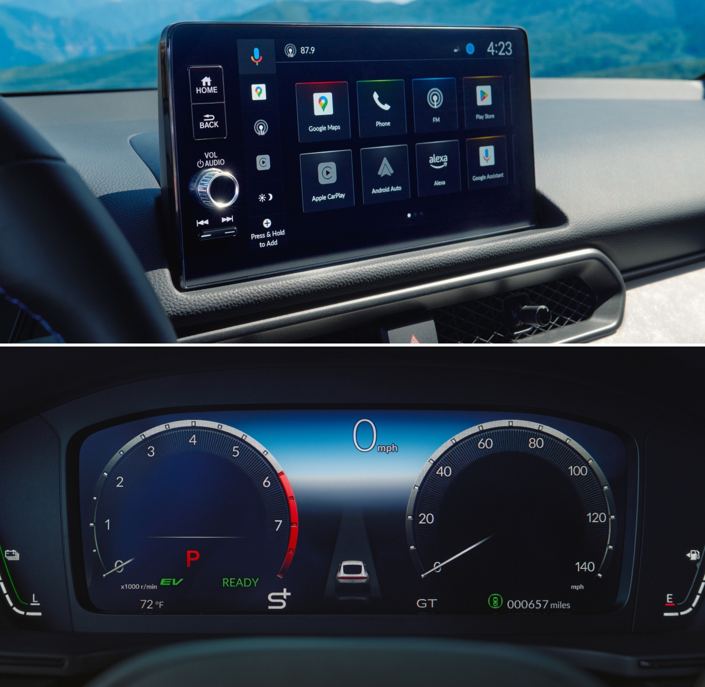 Top image: 2026 Honda Prelude infotainment screen displaying apps like Google Maps and Alexa. Bottom image: Car dashboard showing speedometer and tachometer.