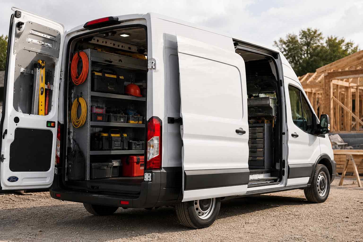 Ford Transit cargo van with upfitted shelving and tool storage for contractors at a construction job site.