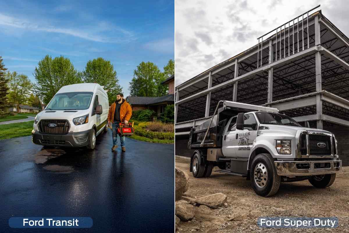 Ford Transit cargo van and Ford Super Duty work truck shown side by side to compare commercial vehicle options for different business needs.