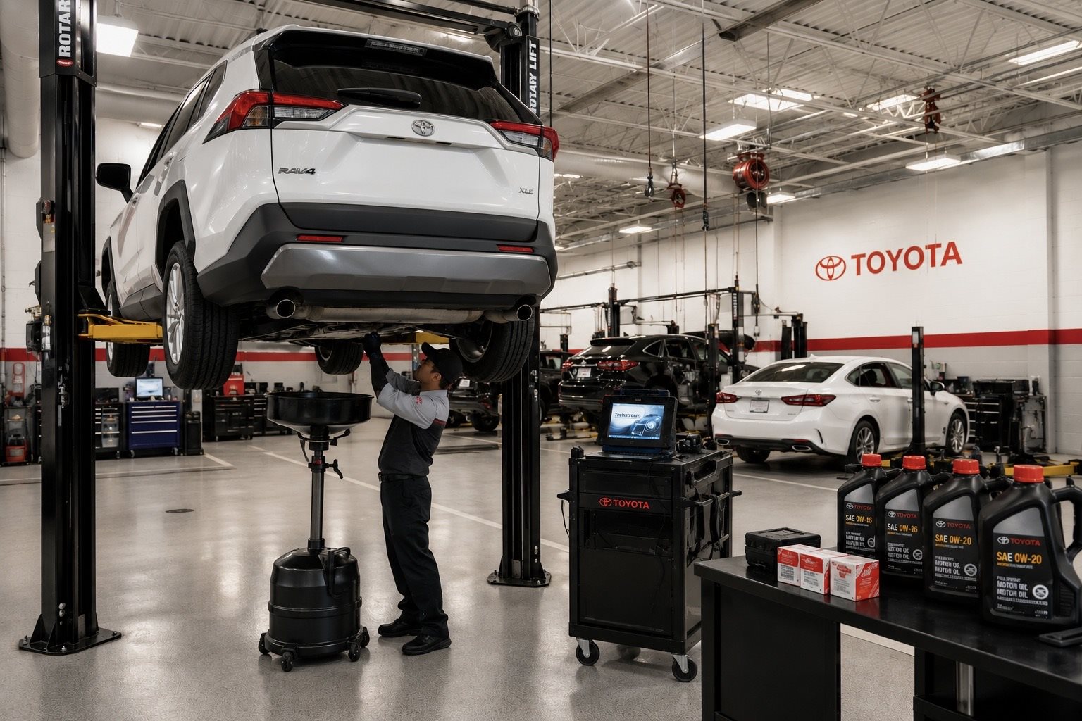 Toyota of Downtown Chicago service bay with technician performing oil change and multi-point inspection