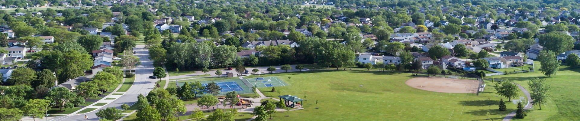 An aerial view of Palatine, Illinois in summer.