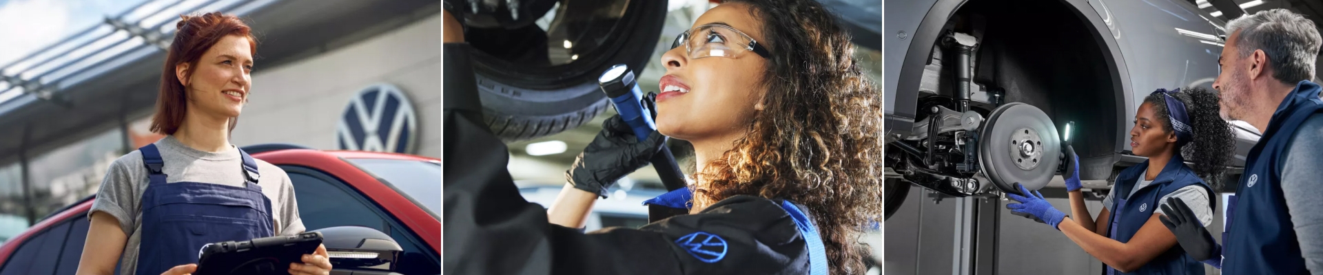 Three images show mechanics engaged in their work.