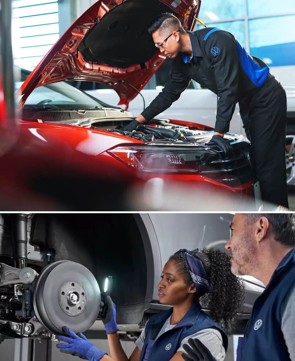 A collage of images of Volkswagen Certified Technicians working on VW vehicles.