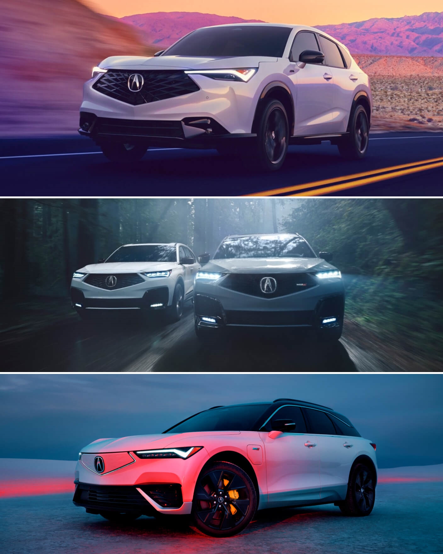 A white Acura ADX drives down a desert highway. Two Acura MDX's drive down a forest road. A white Acura ZDX parked in a salt flat.