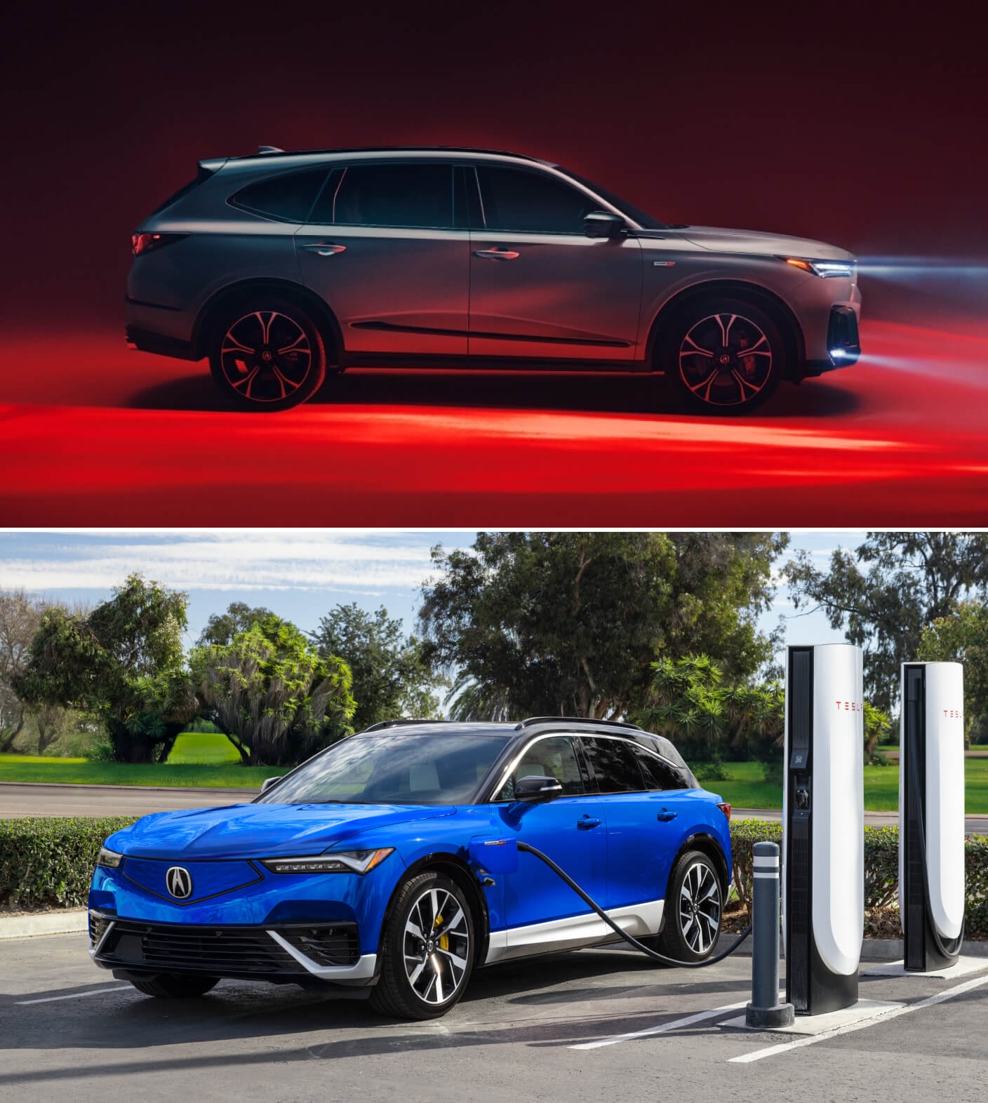 A gray Acura MDX Type S parked in a colorful open set. A blue Acura ZDX parked at a charging station.
