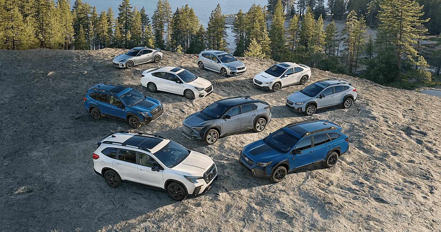 The full 2026 Subaru SUV lineup arranged on a forest overlook, including the Outback, Forester, Crosstrek, Ascent, and Solterra