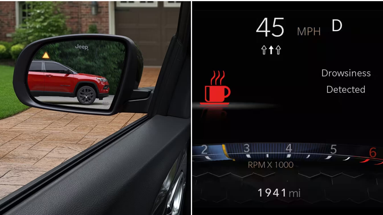 Jeep Compass displays blind spot monitoring and drowsy driver alert systems in a residential driveway setting.