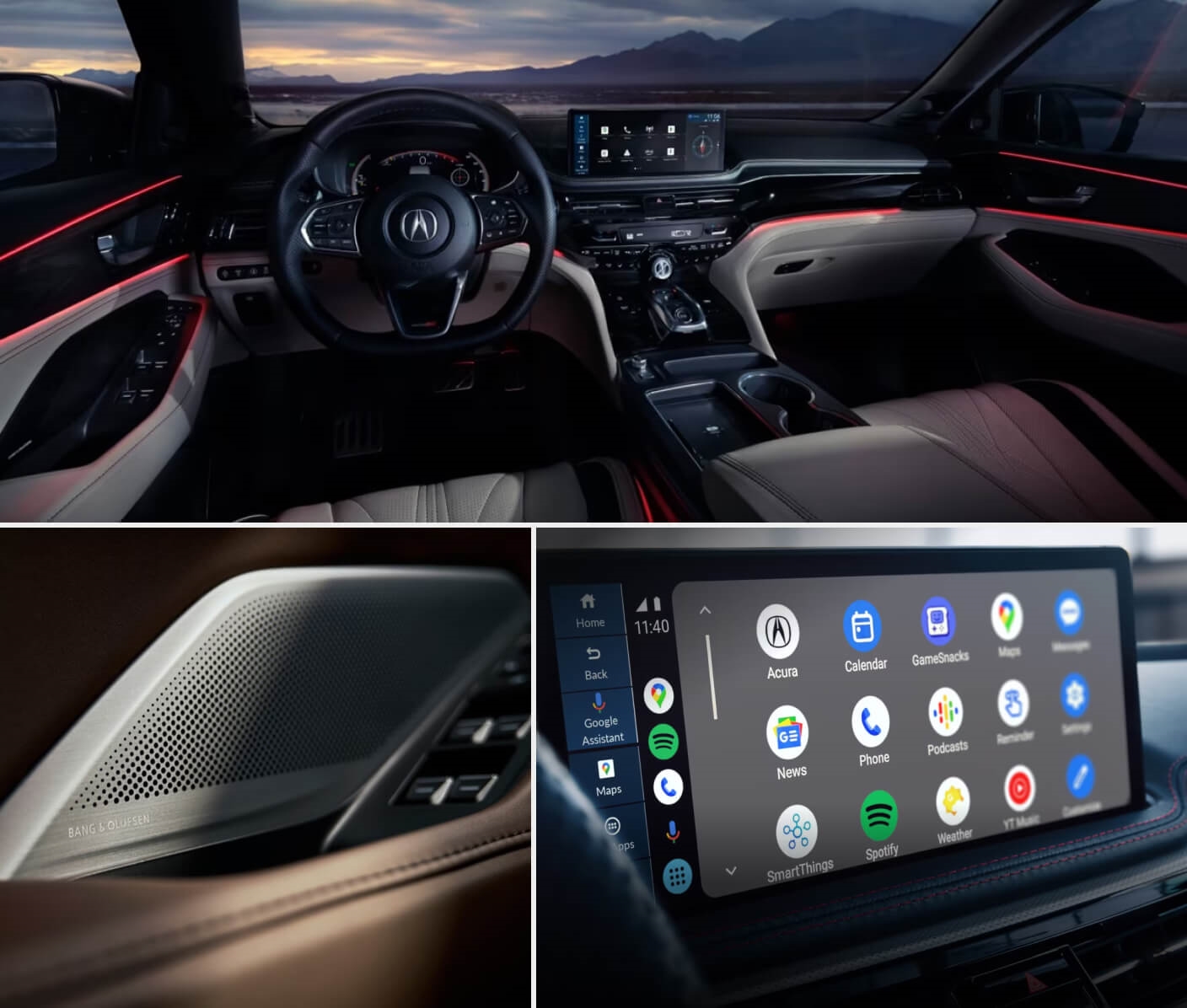 Collage of Acura MDX driver's seat and interior features.