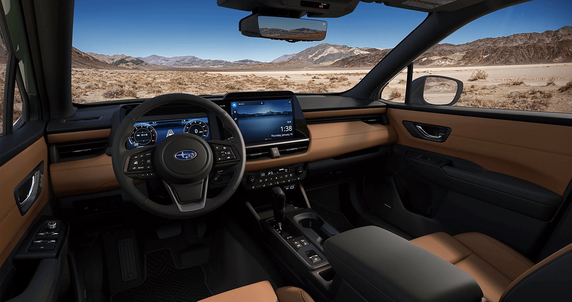 The 2026 Subaru Outback cockpit: digital gauges, a large vertical touchscreen, mountain-desert view through the windshield.
