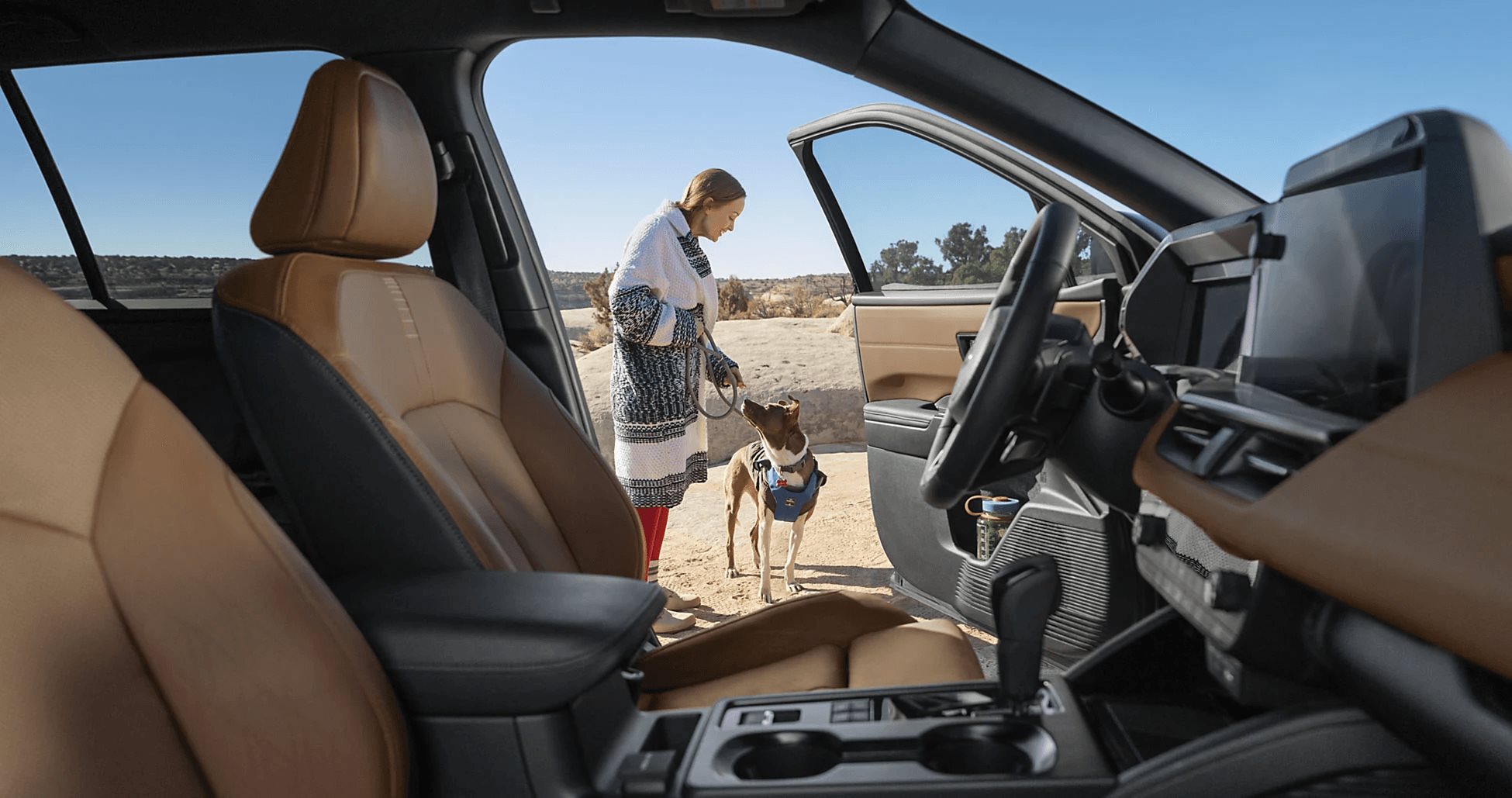 Tan leather Outback interior with the door open, an owner and dog beside it on a desert overlook.