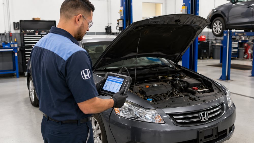 Honda service technician using professional diagnostic equipment at Brickell Honda service bay Miami