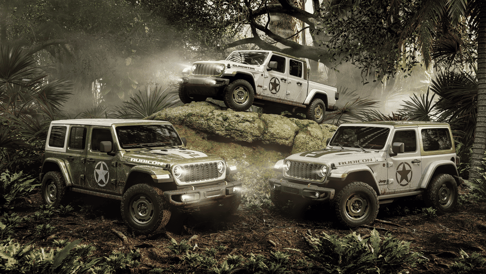 See our Jeep inventory at Arrigo Jeep in Margate FL showing Jeep Wrangler Rubicon and Gladiator models in military-style green and white finishes with star decals climbing rocky jungle terrain