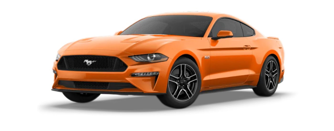 Orange 2023 Ford Mustang GT Premium angled left