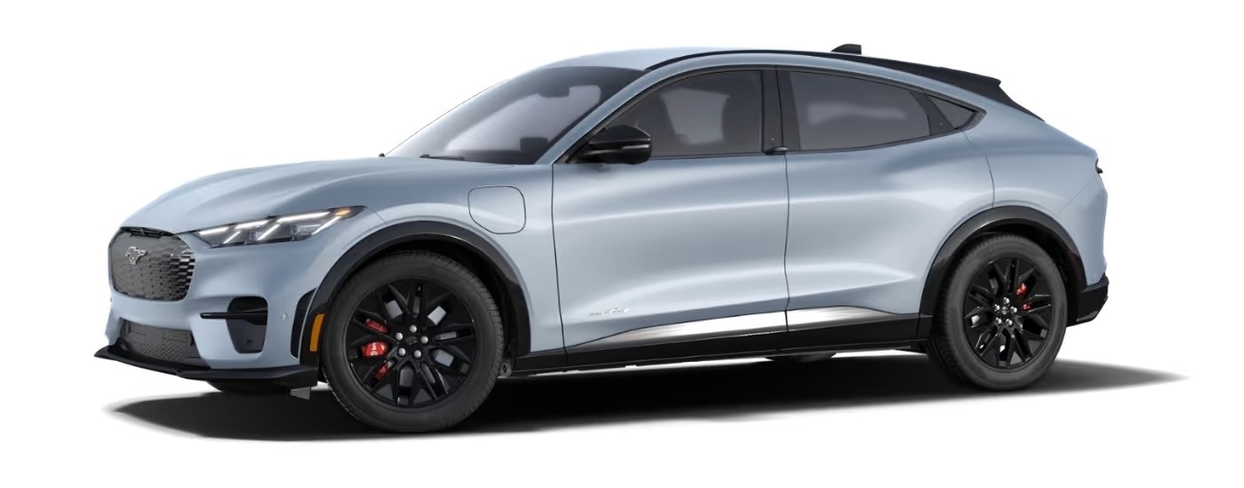 A grey 2025 Ford Mustang Mach-E Premium is angled left.