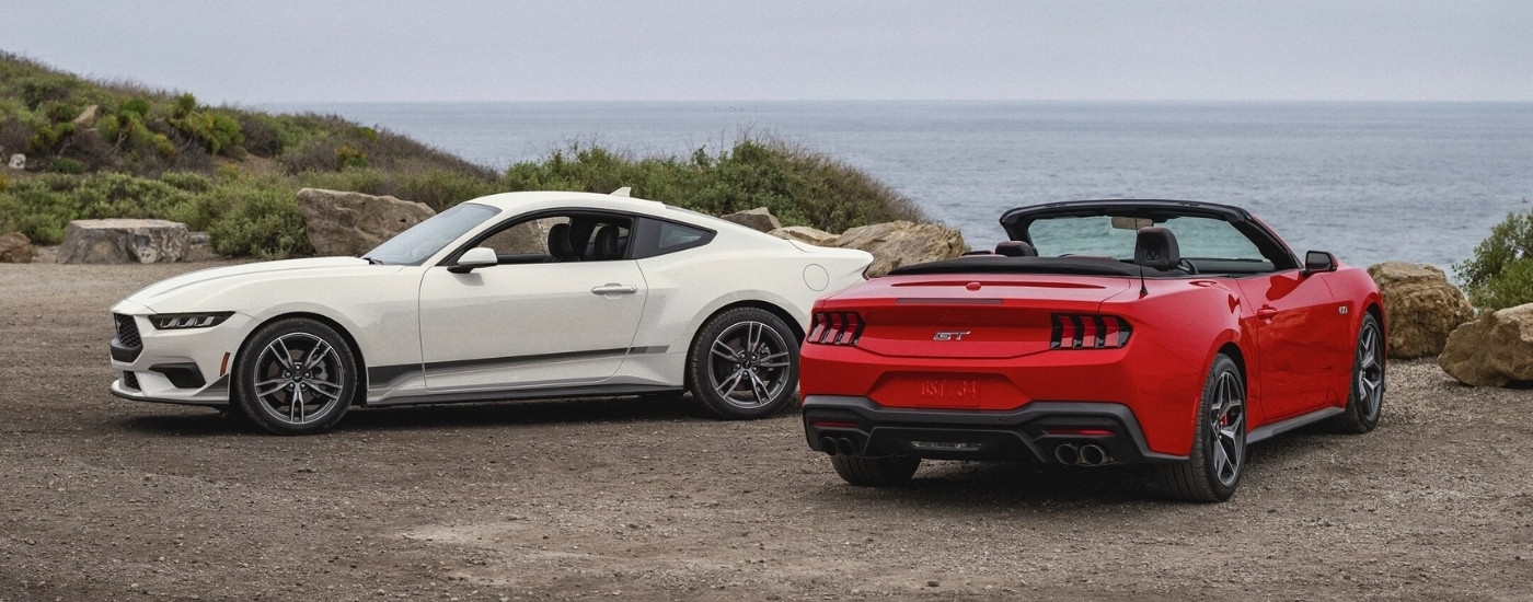 A white 2025 Ford Mustang and a red Mustang GT parked on a coastal lot