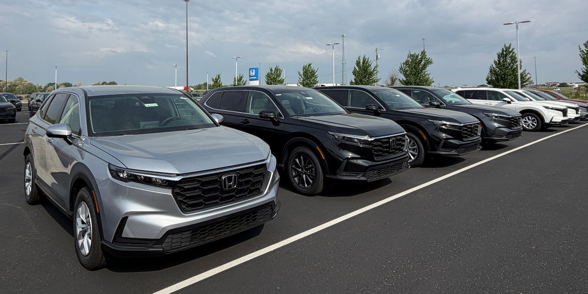 New Honda CR-Vs for Sale Lined up at our Honda dealership in Taylorsville Indiana