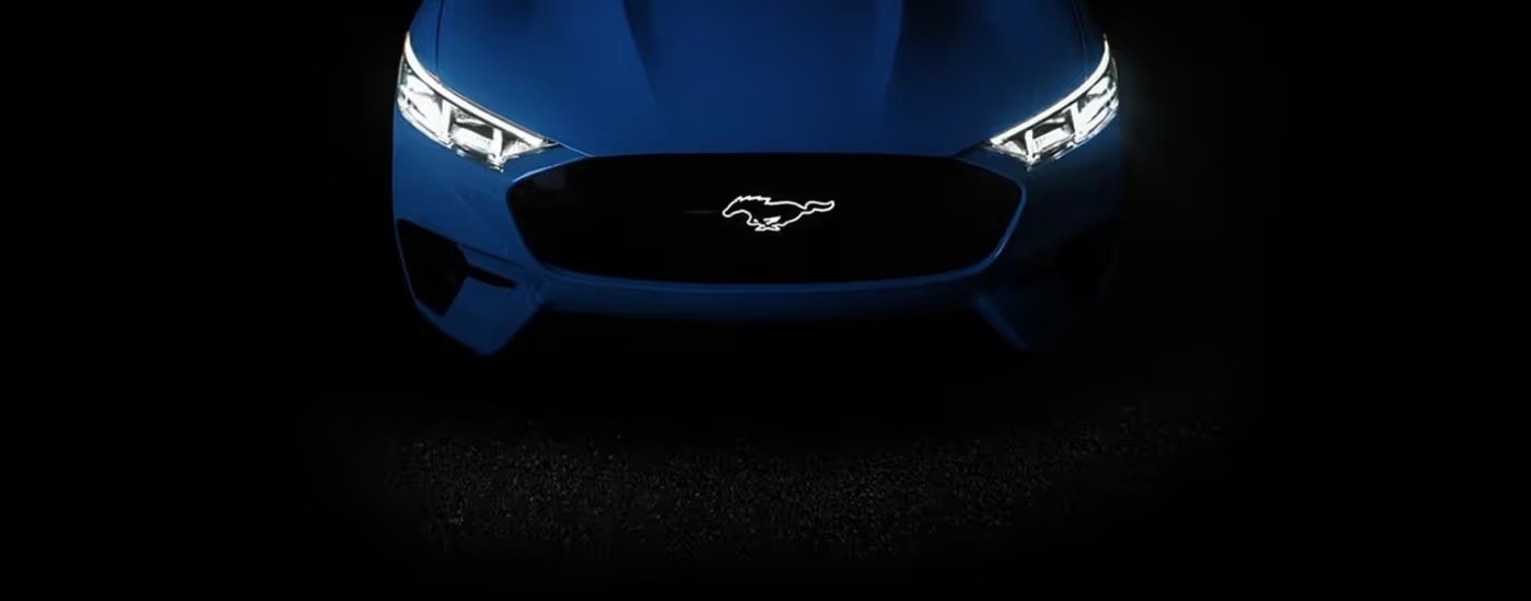 Front of a blue 2024 Ford Mustang Mach-E.