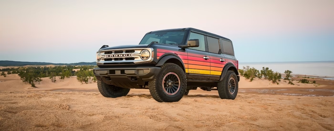 A grey 2025 Ford Bronco Free Wheeling from the front at an angle.