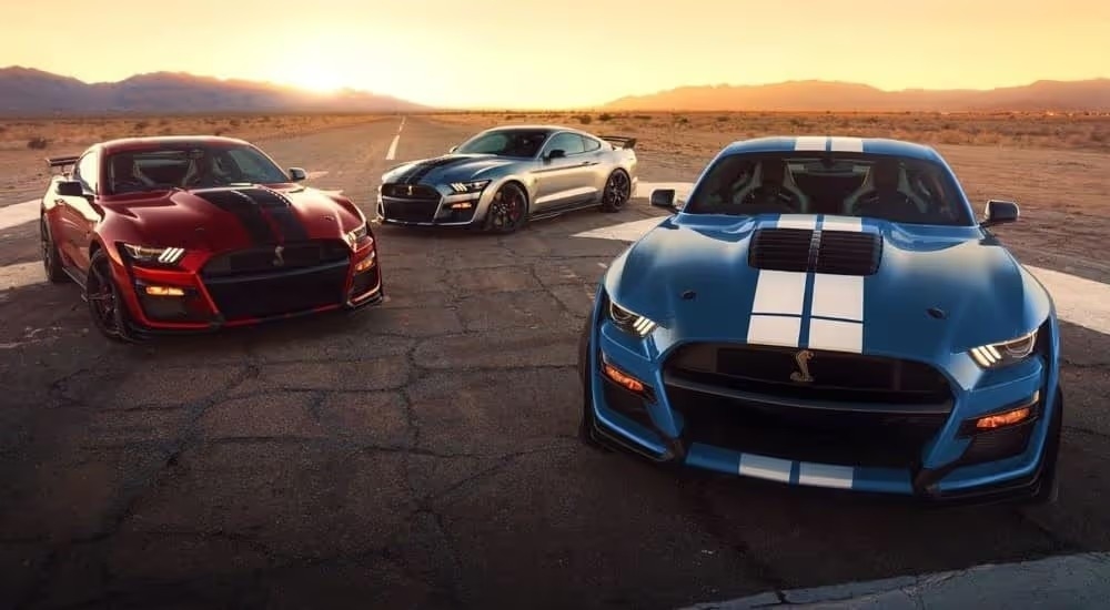A red, a silver, and a blue 2022 Ford Mustang GT 500 are shown parked on an empty road.