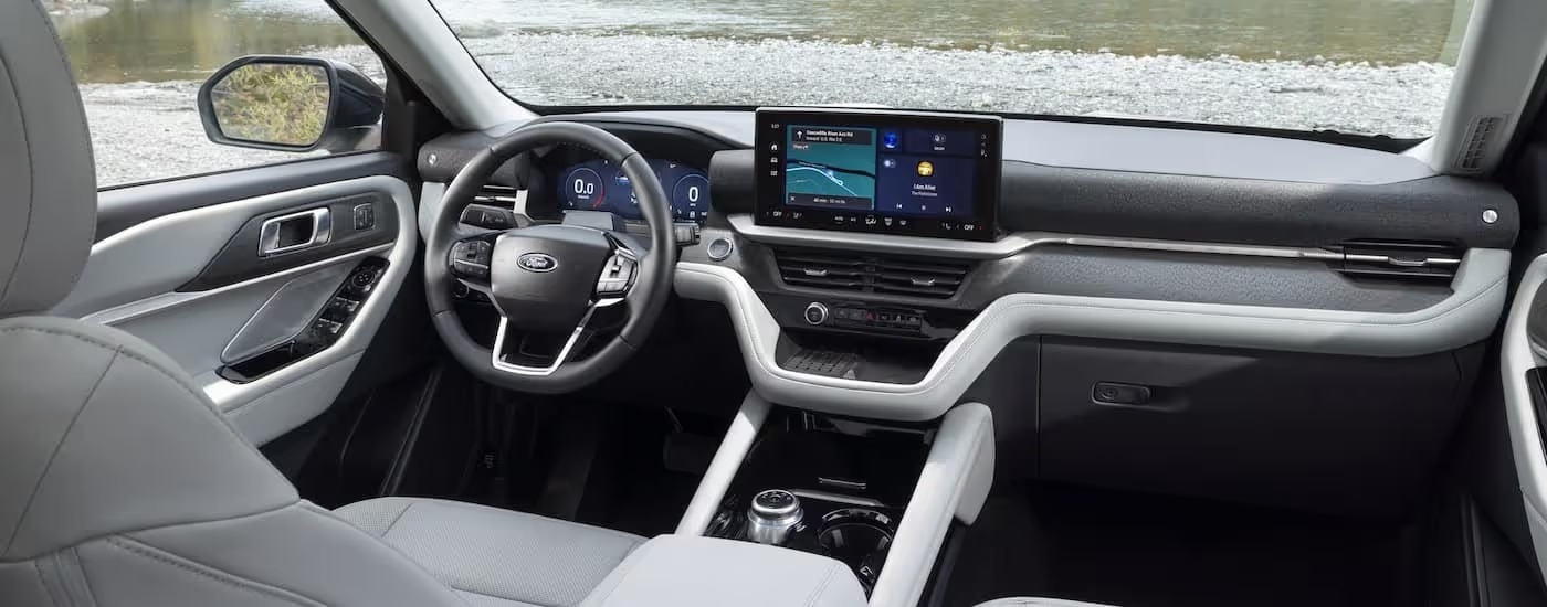 The grey and black interior of a 2025 Ford Explorer