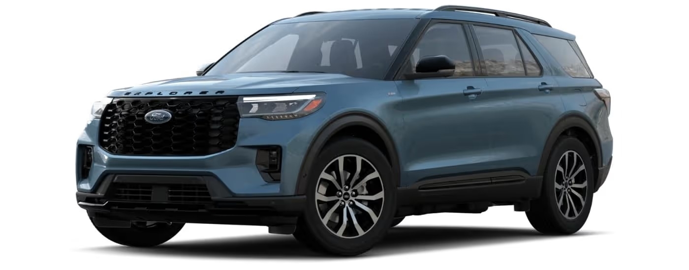 A blue 2025 Ford Explorer ST-Line angled left.