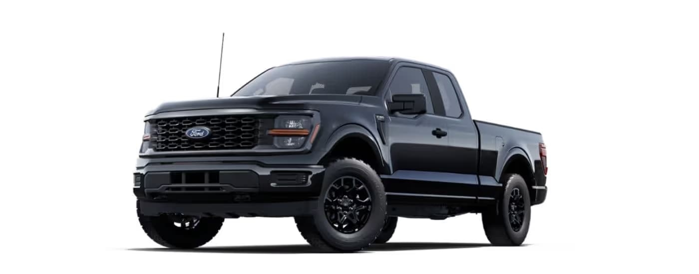 A black 2025 Ford F-150 STX angled left.