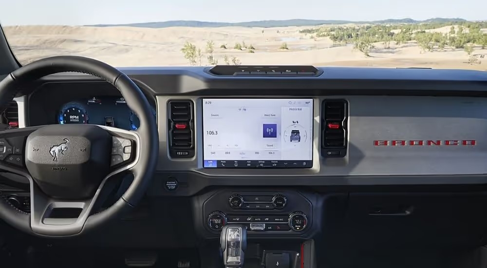 2026 Ford Bronco front dashboard with display screen for cameras