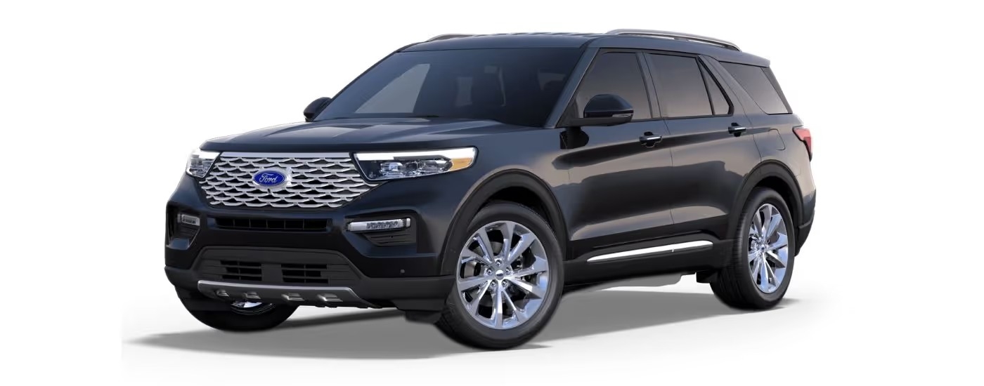 A black 2023 Ford Explorer Platinum angled left.