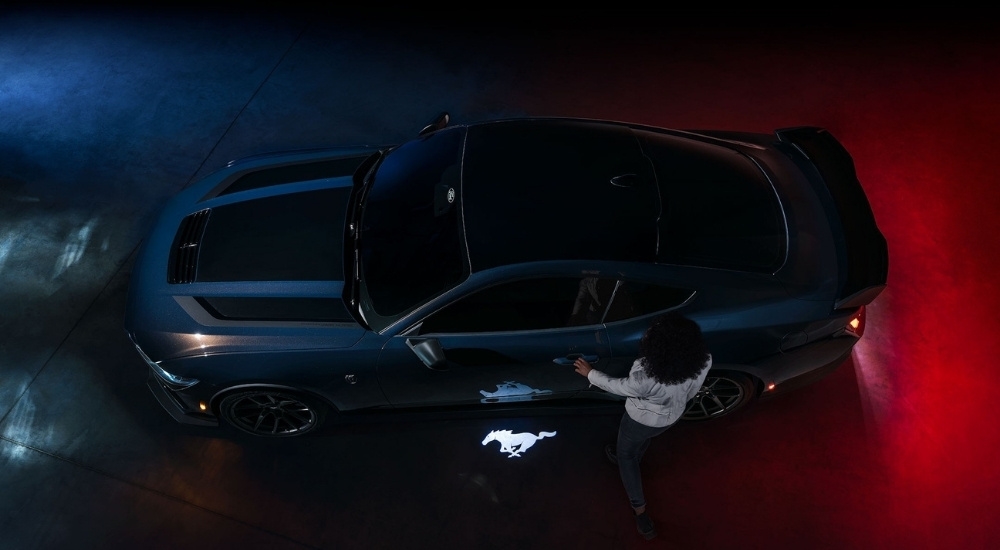 Aerial view of a blue 2024 Ford Mustang Dark Horse