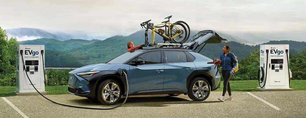 2023 Subaru Solterra Exterior Driver Side Front Profile while Charging Centennial Subaru Las Vegas NV