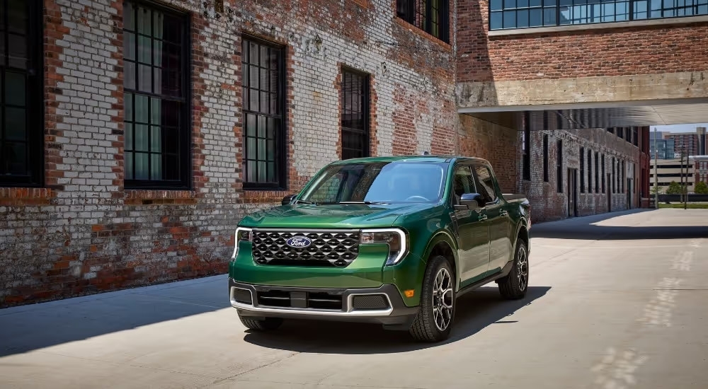 A green 2025 Ford Maverick for sale is shown from the front at an angle.