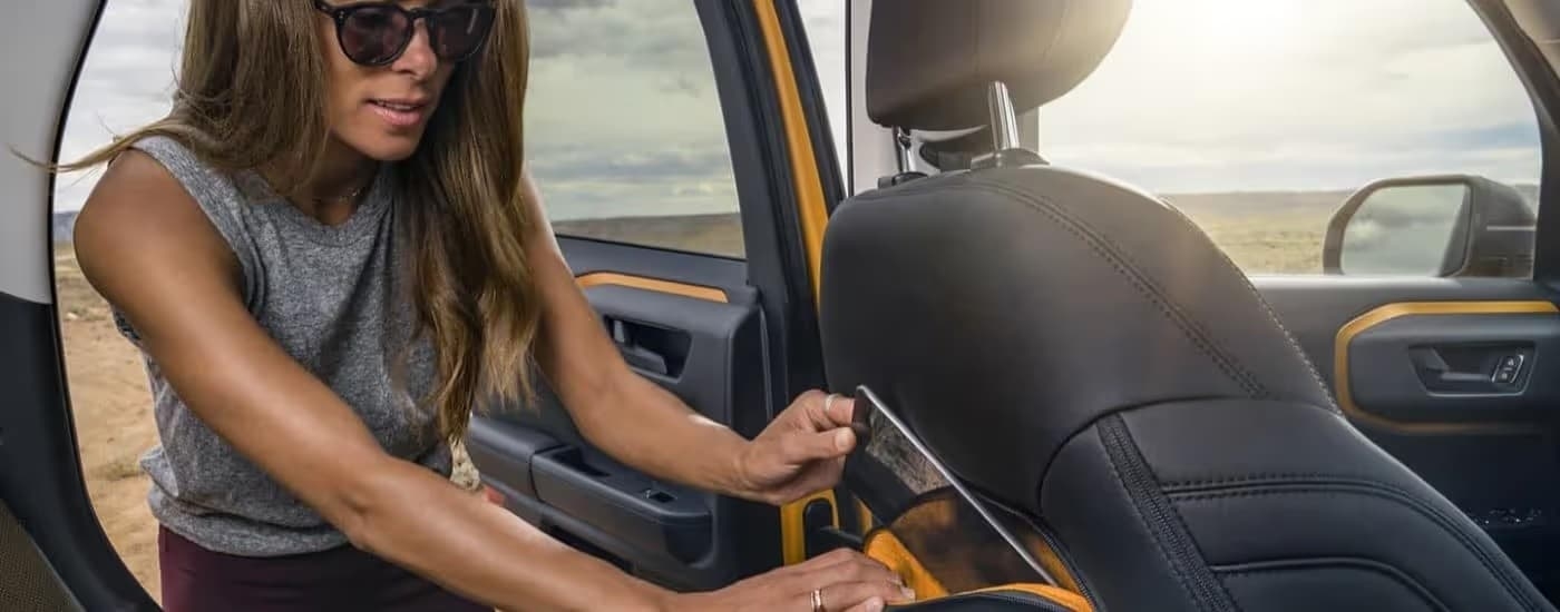 Black and gold interior in a 2023 Ford Bronco Sport.