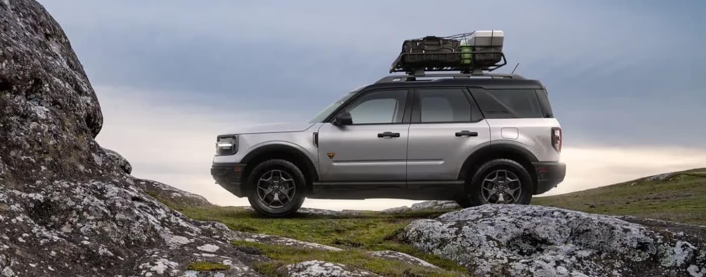 A silver 2023 Ford Bronco Sport parked offroad.