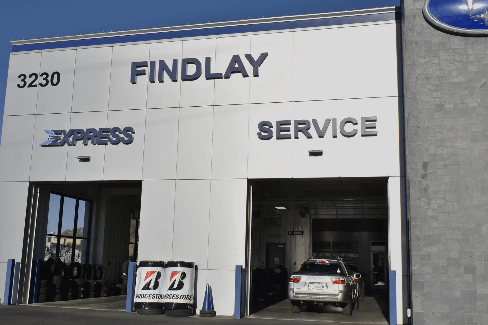 The Findlay Subaru Prescott service building at 3230 Willow Creek Road, with the Express and Service bays under the FINDLAY sign