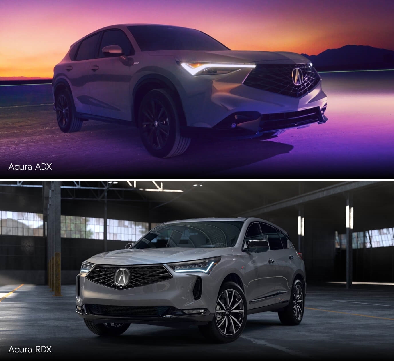 A front view of an Acura ADX driving in a colorfully lit salt flat. A front view of a gray Acura RDX parked in a warehouse.