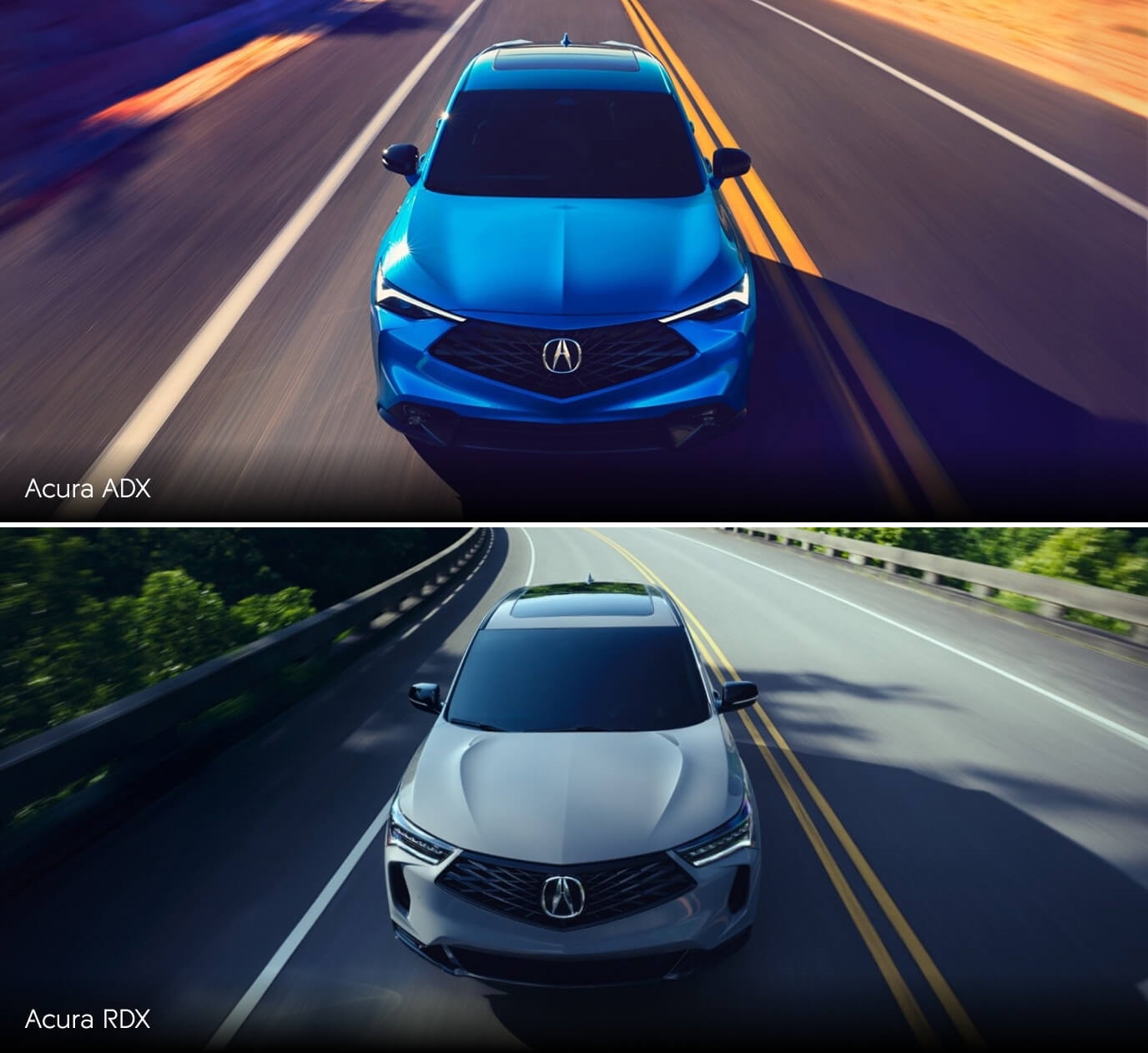 Front views of a blue Acura ADX and a gray Acura RDX both driving fast down a highway.