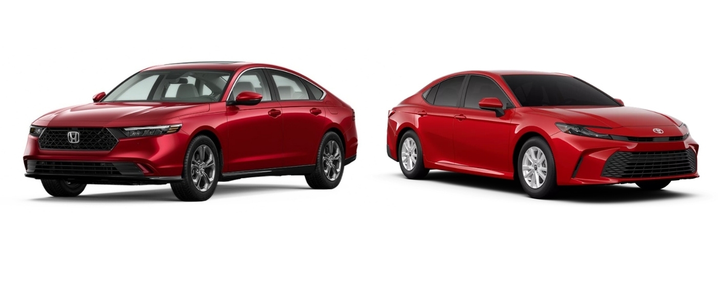 Red 2026 Honda Accord Hybrid EX-L vs a red 2026 Toyota Camry LE