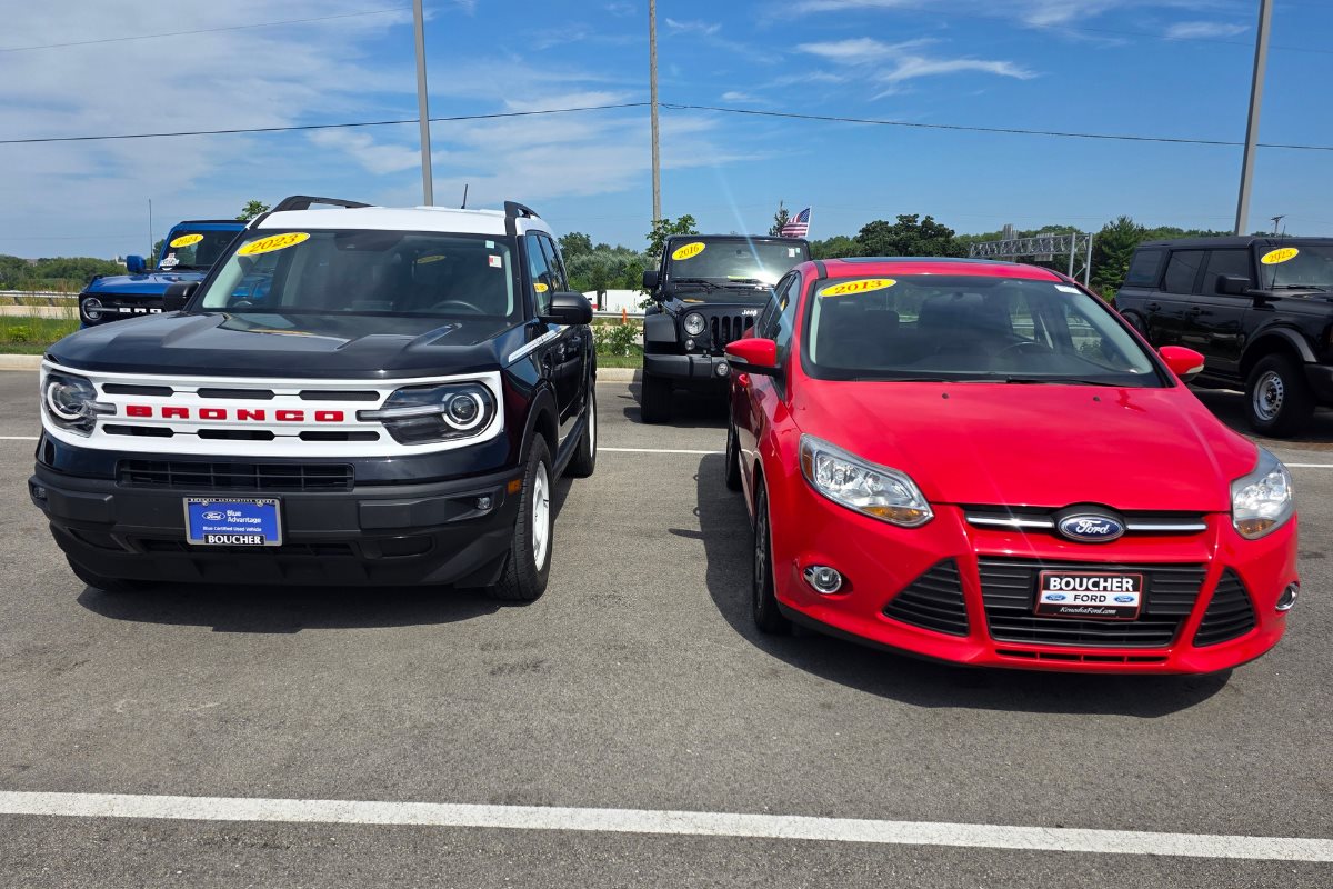 Late-model Ford Bronco Sport parked beside a used Ford Focus at Boucher Ford Kenosha.