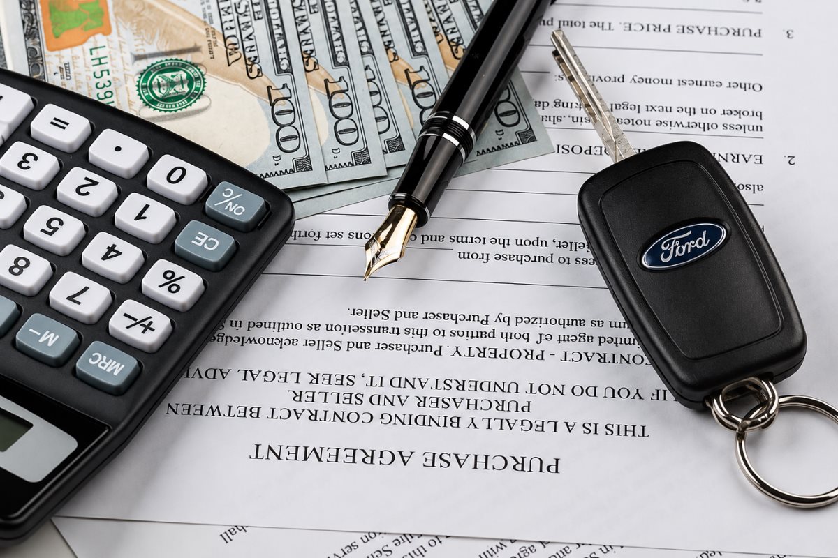 Calculator, car keys, and vehicle purchase documents illustrating financing and budgeting for a vehicle purchase.
