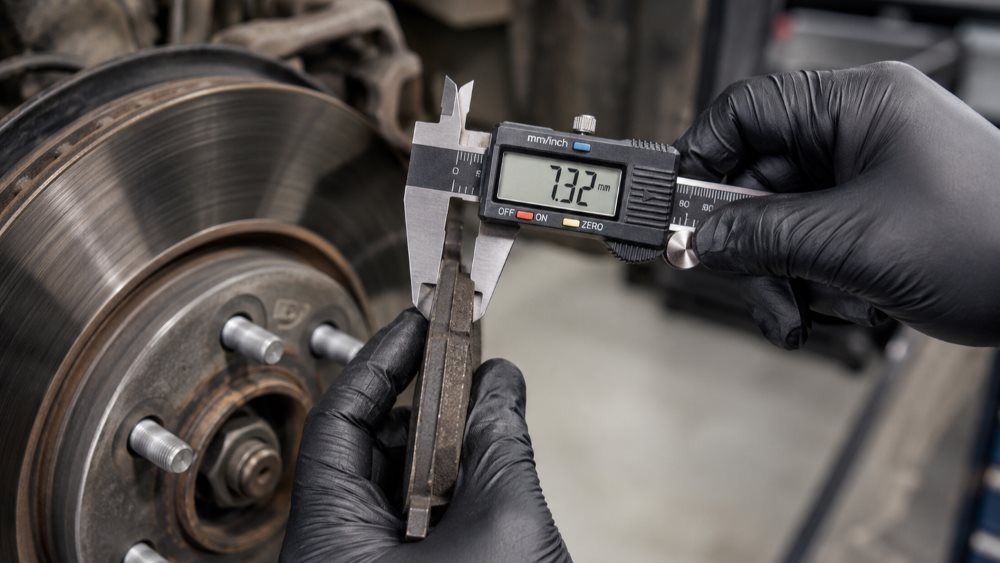 Mazda technician inspecting brake pad thickness and rotor surface condition