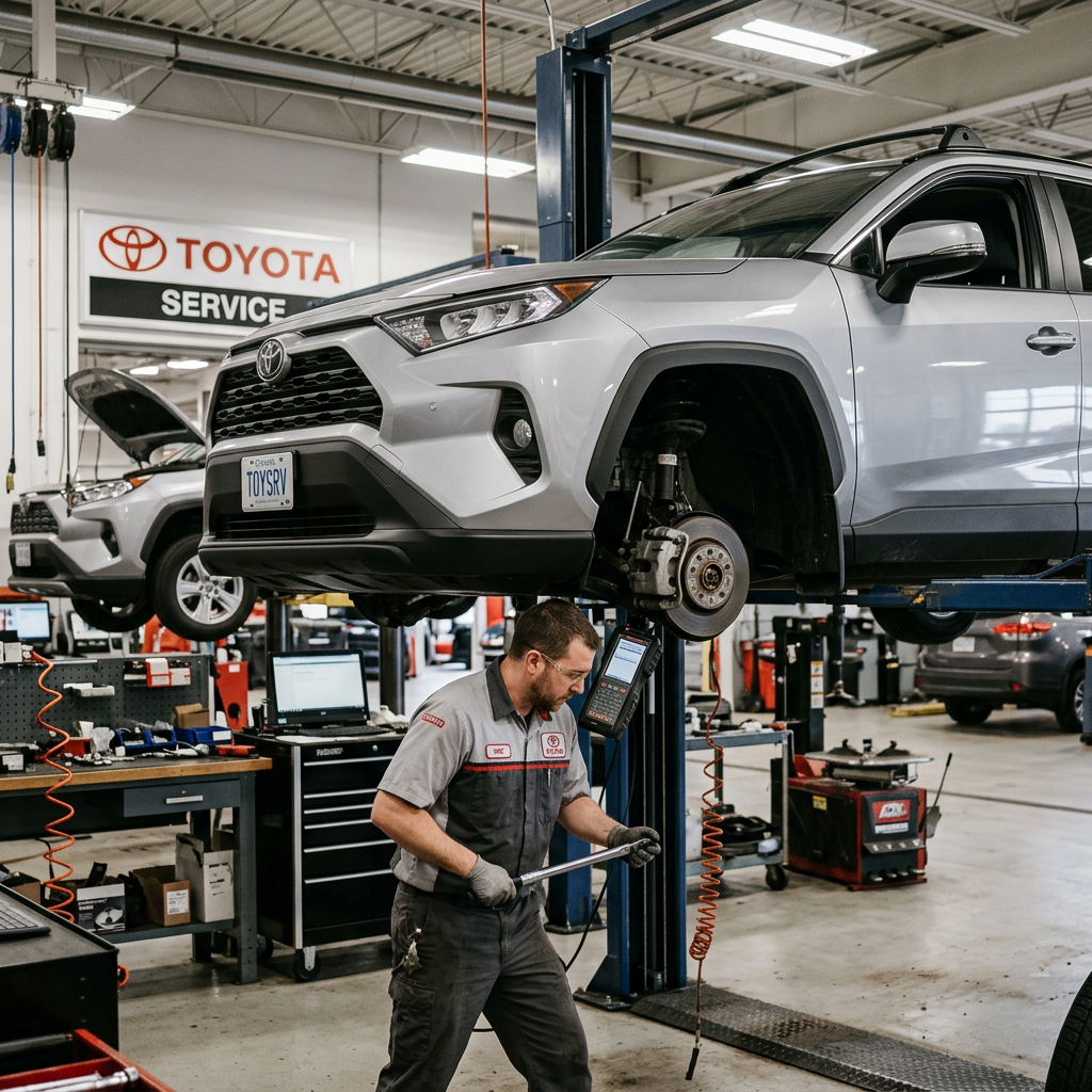 A mechanic working on a silver Toyota SUV lifted on a hoist in a Toyota dealership service bay. (Representative image for illustration purposes only. Actual vehicle may vary based on trim and configuration.)