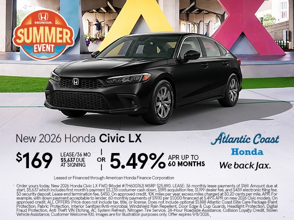 Lease a New Honda Civic LX for as low as $169 Per Month for 36 Months $5,637 Due At Signing OR 5.49% APR Up To 60 Months