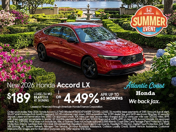 Lease a New Honda Accord LX for as low as $189 Per Month for 36 Months $5,637 Due At Signing OR 4.49% APR Up To 60 Months