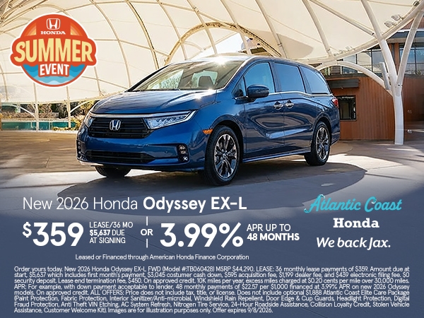 Lease a New Honda Odyssey for as low as $359 Per Month for 36 Months $5,637 Due At Signing OR 3.99% APR Up To 48 Months