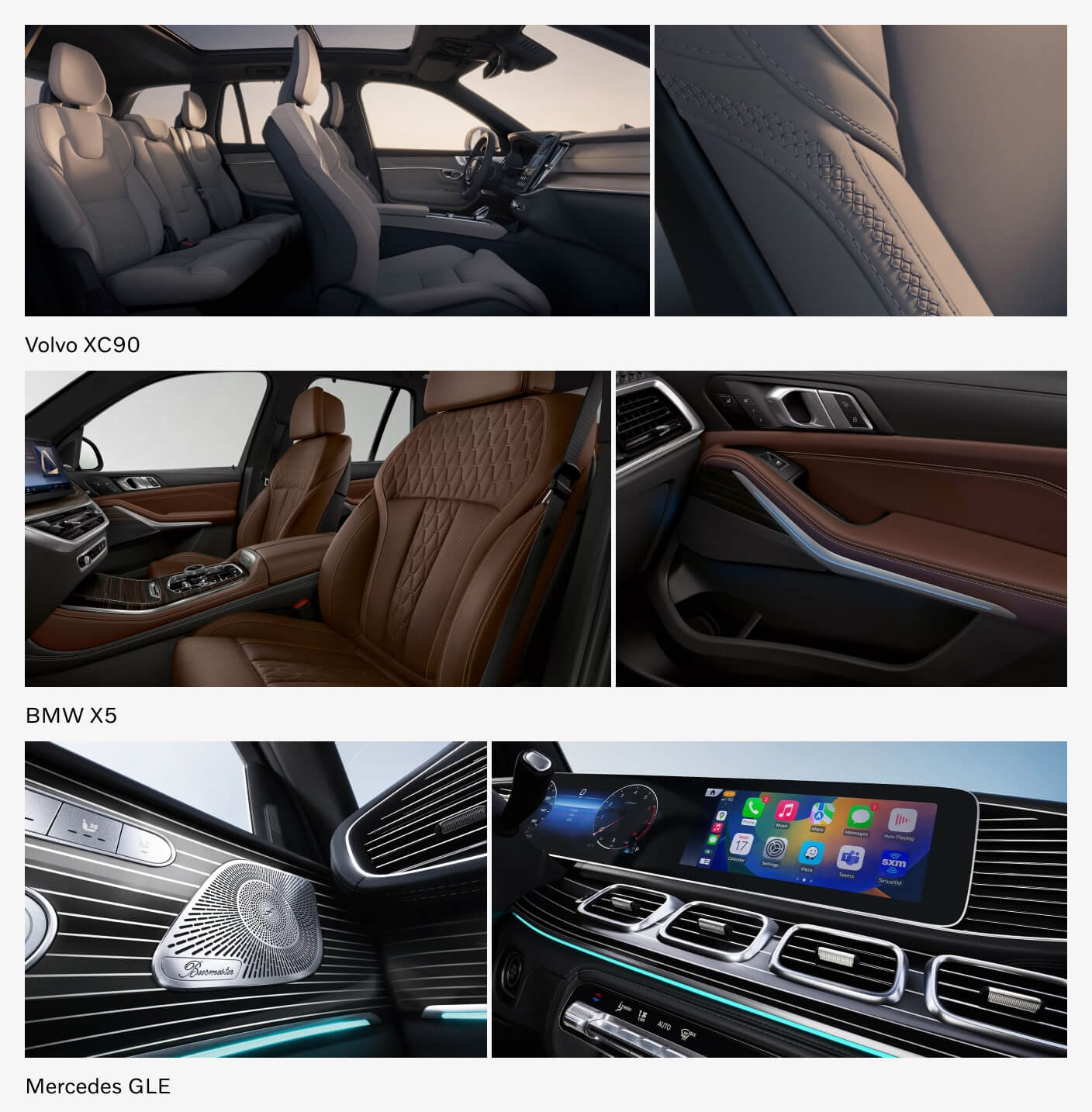 Interior close-up detail shots of Volvo XC90, BMW X5 and Mercedes GLE trim details.
